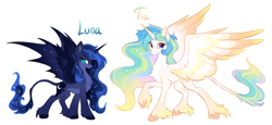 Size: 2280x1052 | Tagged: safe, artist:hioshiru, princess celestia, princess luna, alicorn, bat pony, bat pony alicorn, pony, :o, alternate design, bat wings, cheek fluff, chest fluff, colored hooves, colored wings, colored wingtips, constellation, cute, cutelestia, duo, ear fluff, ethereal mane, female, fluffy, hybrid wings, leg fluff, leonine tail, lidded eyes, long mane, looking at you, mare, messy mane, missing accessory, open mouth, raised hoof, redesign, royal sisters, simple background, sisters, slit eyes, smiling, spread wings, starry mane, starry wings, unshorn fetlocks, white background, wing fluff, wings