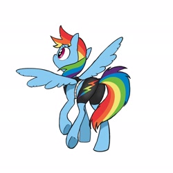 Size: 2048x2048 | Tagged: safe, artist:pfeffaroo, derpibooru import, rainbow dash, pegasus, pony, clothes, female, high res, mare, midriff, ponified humanized pony, shorts, simple background, solo, sports bra, sports shorts, spread wings, white background, wings