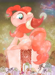 Size: 942x1280 | Tagged: safe, artist:sibashen, pinkie pie, earth pony, pony, christmas, cute, hat, present, santa hat, smiling, snow, snowfall, snowflake, solo