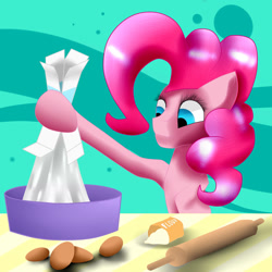 Size: 1024x1024 | Tagged: safe, artist:scalestroke315, pinkie pie, earth pony, pony, baking, bowl, egg (food), flour, food, mixing bowl, rolling pin, solo