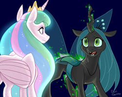 Size: 3000x2400 | Tagged: safe, artist:eeviart, princess celestia, queen chrysalis, alicorn, changeling, changeling queen, pony, duo, eye contact, female, looking at each other, mare