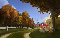 Size: 4843x3059 | Tagged: safe, artist:gign-3208, apple bloom, applejack, earth pony, pony, autumn, book, reading, scenery, sisters, sweet apple acres