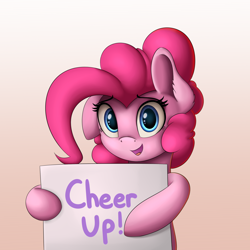 Size: 2000x2000 | Tagged: safe, artist:vanillaghosties, pinkie pie, earth pony, pony, cute, diapinkes, ear fluff, female, floppy ears, gradient background, hoof hold, looking at you, mare, open mouth, positive ponies, sign, smiling, solo