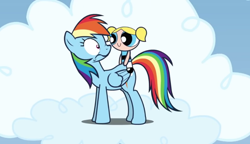 Size: 662x380 | Tagged: safe, derpibooru import, rainbow dash, pegasus, pony, bubbles (powerpuff girls), cartoon network, cloud, crossover, double rainboom, hasbro, looking at each other, on a cloud, shrunken pupils, sitting on, sitting on pony, standing on cloud, the powerpuff girls