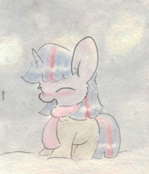 Size: 675x788 | Tagged: safe, artist:slightlyshade, derpibooru import, twilight sparkle, blushing, clothes, cute, eyes closed, fluffy, open mouth, scarf, smiling, snow, snowfall, solo, traditional art