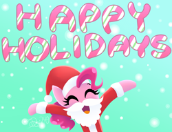 Size: 3400x2600 | Tagged: safe, artist:siggie740, pinkie pie, earth pony, pony, clothes, costume, cute, happy, happy holidays, hat, open mouth, raised hoof, santa costume, santa hat, solo