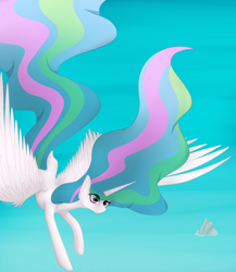 Size: 2000x2300 | Tagged: safe, artist:keisaa, princess celestia, alicorn, pony, female, flying, mare, missing accessory, sky, smiling, solo, spread wings, wings