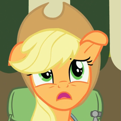 Size: 507x507 | Tagged: safe, screencap, applejack, earth pony, pony, somepony to watch over me, bag, eye shimmer, floppy ears, solo