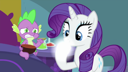 Size: 1280x720 | Tagged: safe, screencap, rarity, spike, dragon, pony, unicorn, ail-icorn, spoiler:interseason shorts, bed