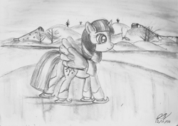 Size: 1784x1272 | Tagged: safe, artist:heromewtwo, derpibooru import, twilight sparkle, twilight sparkle (alicorn), alicorn, pony, female, ice, ice skating, mare, monochrome, skating, solo, traditional art