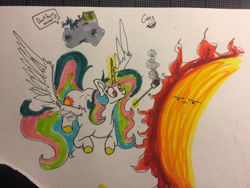 Size: 1280x960 | Tagged: safe, artist:greyscaleart, princess celestia, princess luna, alicorn, pony, 30 minute art challenge, dialogue, duo, female, food, mare, marshmallow, royal sisters, signature, simple background, speech bubble, sun, tangible heavenly object, traditional art