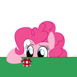 Size: 1800x1800 | Tagged: safe, artist:pink-pone, pinkie pie, earth pony, pony, present, simple background, solo, table, white background