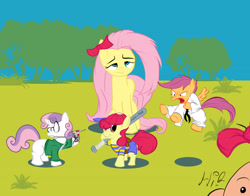 Size: 4200x3300 | Tagged: safe, artist:torcher999, apple bloom, fluttershy, scootaloo, sweetie belle, earth pony, pegasus, pony, unicorn, absurd resolution, cutie mark crusaders, earthbound, lidded eyes, messy mane, mr. saturn