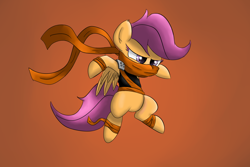 Size: 1500x1000 | Tagged: safe, artist:deoix, scootaloo, clothes, glare, jumping, ninja, scarf, solo, spread wings