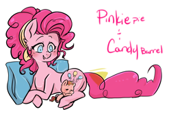 Size: 1256x833 | Tagged: safe, artist:missyandi, pinkie pie, oc, oc:candy barrel, earth pony, pony, cute, duo, female, foal, mother and child, mother and son, next generation, offspring, parent and child, parent:cheese sandwich, parent:pinkie pie, parents:cheesepie, pillow, sleeping