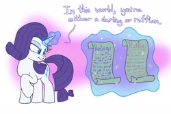 Size: 2400x1600 | Tagged: safe, artist:heir-of-rick, rarity, pony, unicorn, :t, darling, dialogue, dreamworks face, eyeshadow, female, floating eyebrows, gradient background, levitation, lidded eyes, magic, makeup, mare, nose wrinkle, paper, raised eyebrow, raised hoof, ruffian, scroll, scrunchy face, smiling, smirk, solo, telekinesis, text