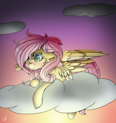 Size: 2291x2442 | Tagged: safe, artist:starsketchmeh, fluttershy, pegasus, pony, blushing, cloud, ear fluff, female, floppy ears, looking down, lying down, mare, messy mane, on a cloud, prone, sad, solo, spread wings, wings