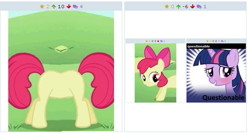 Size: 515x275 | Tagged: safe, derpibooru import, apple bloom, twilight sparkle, earth pony, pony, unicorn, blushing, buttpony, female, filly, juxtaposition