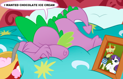 Size: 1280x826 | Tagged: safe, artist:multiversecafe, edit, flam, rarity, spike, dragon, pony, unicorn, bed, crying, facial hair, female, food, ice cream, male, moustache, photo, picture frame, pillow, rariflam, shipping, sparity, spoon, straight