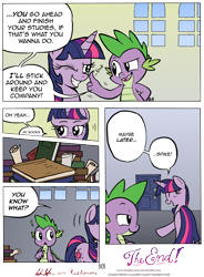 Size: 4903x6646 | Tagged: safe, artist:redapropos, derpibooru import, spike, twilight sparkle, twilight sparkle (alicorn), alicorn, dragon, pony, comic:maybe later spike, absurd resolution, book, comic, female, ironic echo, mare, title drop, wingless, wink