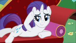 Size: 1667x939 | Tagged: safe, screencap, rarity, pony, unicorn, lesson zero, fainting couch, female, hoof on head, lidded eyes, lying down, mare, smiling, solo