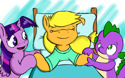 Size: 1980x1242 | Tagged: safe, artist:greenfinger, applejack, spike, twilight sparkle, twilight sparkle (alicorn), alicorn, dragon, earth pony, pony, fanfic:the iron horse: everything's better with robots, bed, fanfic art, female, hospital gown, mare, smiling