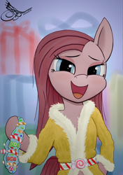 Size: 1080x1535 | Tagged: safe, artist:achmeddb, pinkie pie, earth pony, pony, candy, clothes, coat, food, pinkamena diane pie, solo, spirit of hearth's warming presents