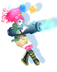 Size: 2400x3000 | Tagged: safe, artist:sawkssombercircus, pinkie pie, human, balloon, boots, clothes, humanized, party cannon, rocket launcher, shadow, shorts, simple background, socks, solo, striped socks, white background