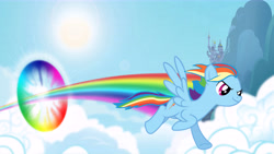 Size: 12500x7032 | Tagged: safe, artist:destinpony, derpibooru import, rainbow dash, pegasus, pony, 1000, absurd resolution, canterlot castle, cloud, female, flying, mare, solo, sonic rainboom, sun, wings