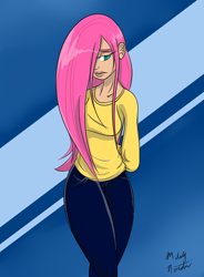 Size: 2580x3500 | Tagged: safe, artist:l-pastellepink-l, fluttershy, human, clothes, hair over one eye, hands behind back, humanized, looking away, looking down, pants, shy, solo