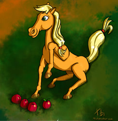 Size: 1067x1094 | Tagged: safe, artist:xbi, applejack, earth pony, horse, pony, apple, food, hatless, hoers, horsified, missing accessory, realistic, realistic anatomy, solo