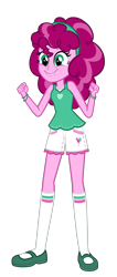 Size: 1008x2376 | Tagged: safe, artist:thecheeseburger, pinkie pie, oc, oc:rosie tart, equestria girls, alternate universe, clothes, happy, lip bite, shorts, simple background, socks, solo, transparent background