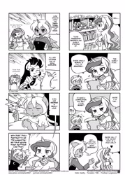 Size: 1464x2048 | Tagged: safe, artist:shepherd0821, pinkie pie, princess celestia, princess luna, twilight sparkle, anthro, comic:friendship is 4komagic, 4koma, ambiguous facial structure, breasts, comic, female, harry potter, hilarious in hindsight, manga, monochrome, traditional royal canterlot voice, translation, trollestia, unreliable narrator