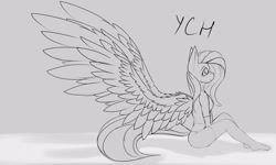 Size: 3000x1800 | Tagged: safe, artist:chapaevv, fluttershy, anthro, advertisement, auction, clothes, commission, monochrome, sitting, solo, wings, your character here