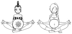 Size: 900x431 | Tagged: safe, artist:marrazan, allie way, zecora, belly, humanized, lotus position, meditating, monochrome, pregnant, simple background, white background, yoga