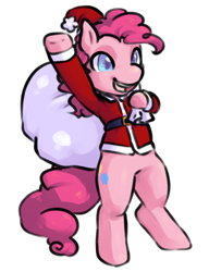 Size: 500x650 | Tagged: safe, artist:mamegoma, pinkie pie, pony, bipedal, hat, sack, santa hat, santa sack, solo, waving