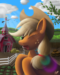 Size: 1500x1875 | Tagged: safe, artist:duskie-06, applejack, earth pony, pony, barn, solo, sweet apple acres, wink