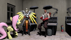 Size: 1024x576 | Tagged: safe, angel bunny, fluttershy, angel, pegasus, pony, rabbit, 3d, crossover, medic, mercy, overwatch, source filmmaker, team fortress 2