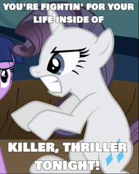 Size: 751x938 | Tagged: safe, derpibooru exclusive, edit, edited screencap, editor:didgereethebrony, screencap, rarity, pony, unicorn, the return of harmony, angry, bipedal, caption, cropped, cutie mark, discorded, image macro, text, thriller