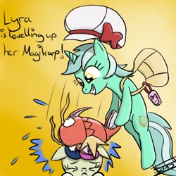 Size: 800x800 | Tagged: safe, artist:crade, bon bon, lyra heartstrings, sweetie drops, pony, abuse, bag, bipedal, bon bon is not amused, crossover, duo, eyes closed, hat, kotone, lyra (pokemon), magikarp, namesake, pokémon, unamused