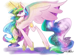 Size: 1024x768 | Tagged: safe, artist:emuuanne, princess celestia, alicorn, pony, chest fluff, crown, curved horn, ethereal mane, female, glowing horn, hoof shoes, jewelry, leg fluff, magic, mare, no catchlights, profile, raised hoof, regalia, signature, simple background, solo, transparent background, wing fluff