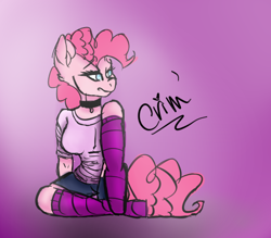 Size: 518x454 | Tagged: safe, artist:lilsweetbabycakes175, pinkie pie, anthro, breasts, clothes, female, jewelry, necklace, pinkie pies, shirt, skirt, skirt lift, socks, solo, striped socks