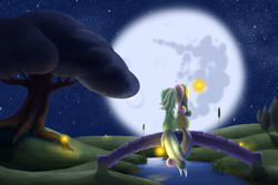 Size: 3000x2000 | Tagged: safe, artist:ilonis, bon bon, lyra heartstrings, sweetie drops, earth pony, firefly (insect), pony, unicorn, bridge, female, full moon, high res, intertwined tails, lesbian, lyrabon, mare in the moon, moon, night, river, scenery, shipping, sitting