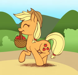 Size: 1134x1099 | Tagged: safe, artist:foxbeast, applejack, earth pony, pony, apple, basket, eyes closed, food, mouth hold, solo