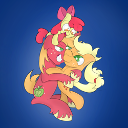 Size: 1500x1500 | Tagged: safe, artist:vengefulstrudel, apple bloom, applejack, big macintosh, earth pony, pony, apple siblings, hatless, hug, male, missing accessory, stallion