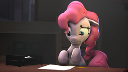 Size: 1920x1080 | Tagged: safe, artist:ferexes, pinkie pie, earth pony, pony, 3d, floppy ears, paper, pencil, scared, solo, source filmmaker