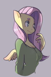 Size: 676x1026 | Tagged: safe, artist:theoryso, fluttershy, anthro, beanbrows, breasts, bust, cleavage, clothes, eyebrows, female, gray background, looking away, nervous, portrait, simple background, solo