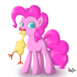 Size: 768x768 | Tagged: safe, artist:mizore43, pinkie pie, earth pony, pony, mouth hold, rubber chicken, simple background, solo, white background