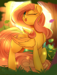 Size: 1800x2400 | Tagged: safe, artist:madacon, fluttershy, butterfly, pegasus, pony, backlighting, colored pupils, cute, female, forest, grass, head turn, looking at you, mare, one eye closed, raised hoof, shyabetes, solo, sunlight, tongue out, tree, wink