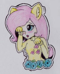 Size: 869x1074 | Tagged: safe, artist:marta4708, fluttershy, human, animal costume, blushing, cat costume, cat ears, catgirl, clothes, costume, ear fluff, fangs, fluttercat, humanized, one eye closed, solo, traditional art